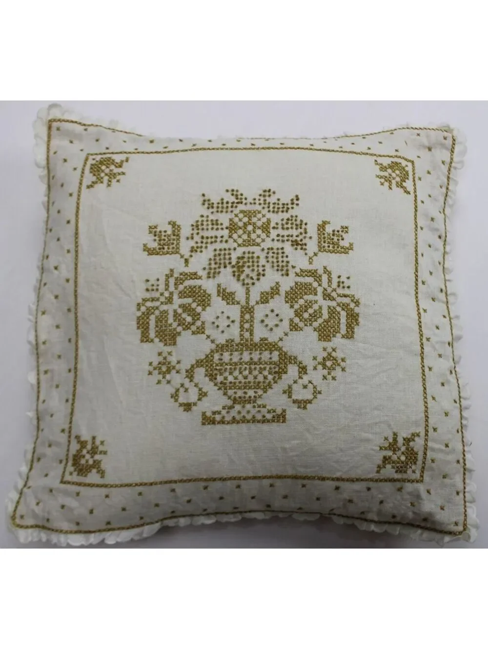Vintage Handmade Cross Stitch Throw Pillow Floral Flower Pot Ruffled Edge Gold